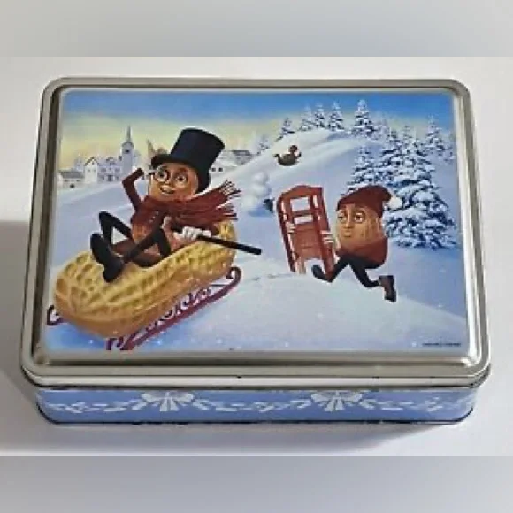 VTG Planters Mr. Peanut Winter Snow Sledding Collectors Tin Christmas Holiday - Picture 2 of 5